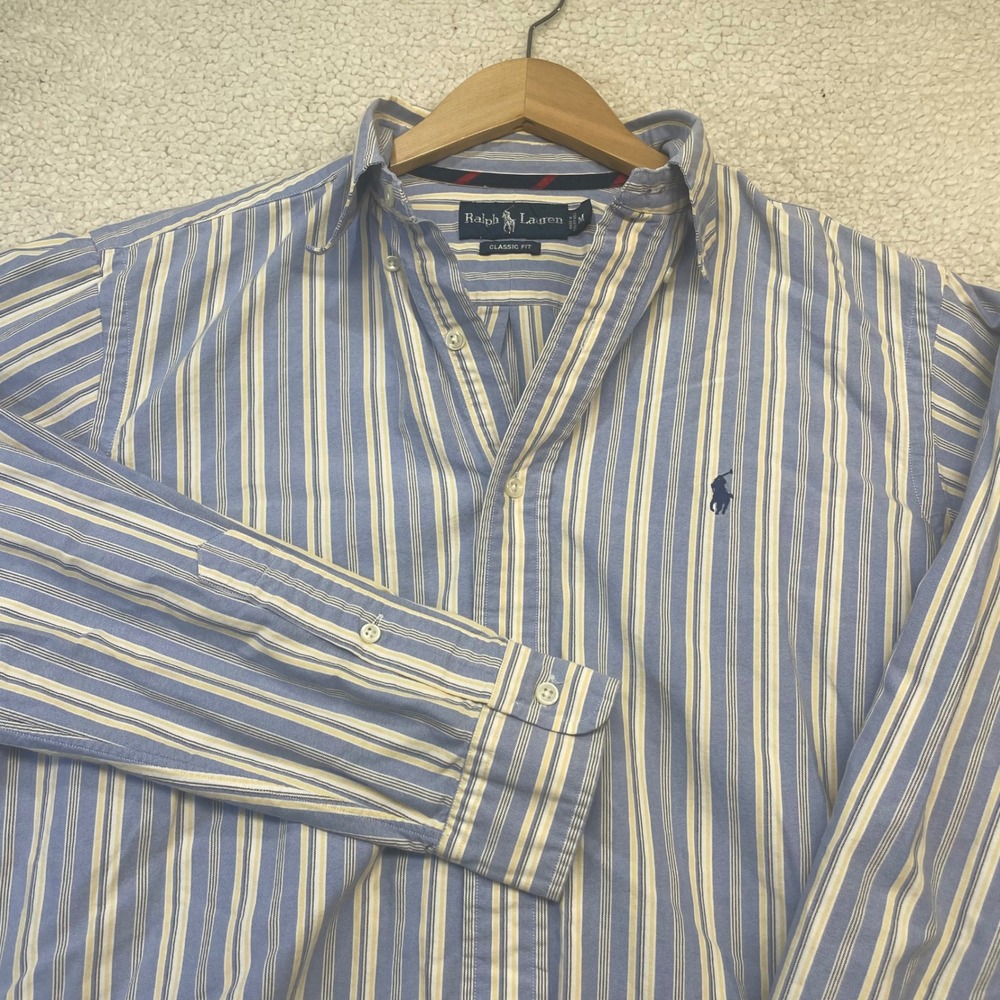 Ralph Lauren Button Down Mens M Blue Yellow Striped Classic Fit Oxford Shirt